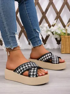 Women's Summer New Plaid Platform Wedge Sandals, Open Toe Thick Sole Fashion Versatile Comfortable Casual Beach Vacation Shoes Wedged Sandals