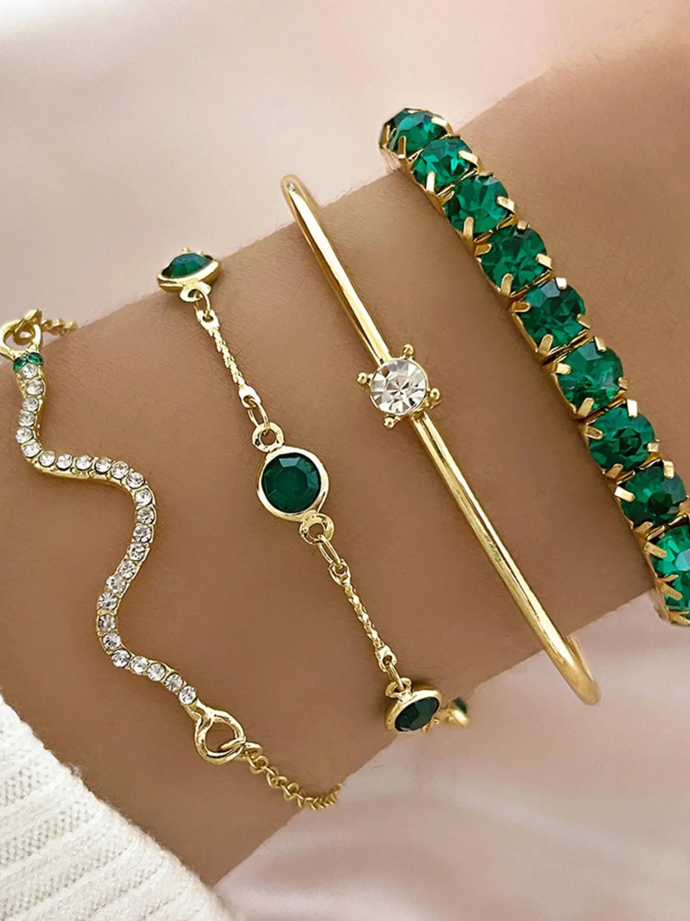 Elegant Emerald Decorated Bracelet Set, Bracelet Bundle, Stackable Bracelets, Alloy Chain Bracelet, Fashion Jewelry for Party, Daily Clothing Decor, Trendy All-match & Exquisite Jewelry for Birthday Gift
