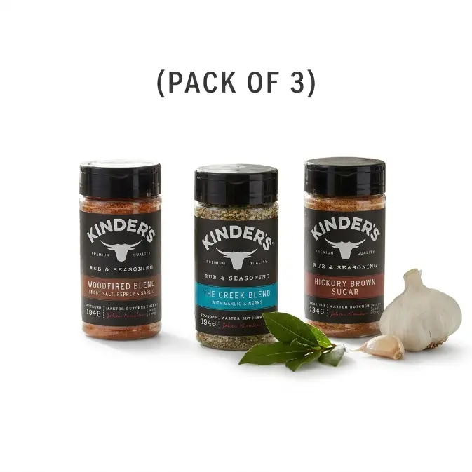 Variety Pack of 3 Kinder's Seasonings, Hickory Brown Sugar BBQ 5 oz, Greek Blend 5 oz & Woodfired Blend 6.4 oz Flavor Spice