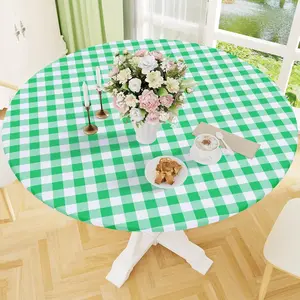 1pc Round Plaid Table Cover, Vinyl Waterproof Oil-Resistant Easy Clean, Rubber Band Flannel Backing Non-Slip, Outdoor Indoor Use