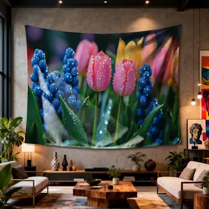 Dewy tulips and grape hyacinths Digital printing polyester wall tapestry suitable for use in living rooms bedrooms offices bars party