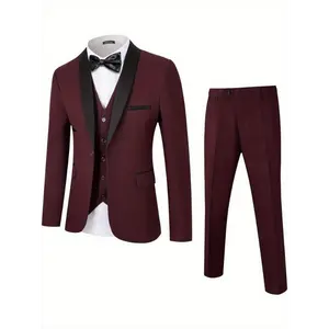 Men's Premium Slim Fit Burgundy 3 Piece Tuxedo Suit One Button Shawl Lapel Blazer Jacket Vest Pants Set for Wedding Business Prom Elegant Suits