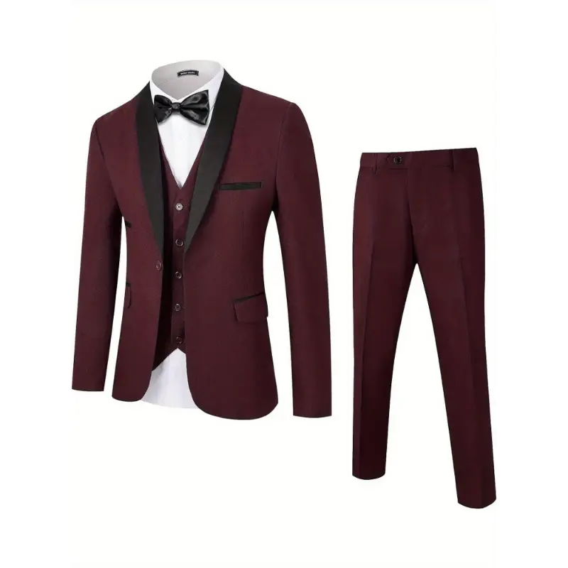 Men's Premium Slim Fit Burgundy 3 Piece Tuxedo Suit One Button Shawl Lapel Blazer Jacket Vest Pants Set for Wedding Business Prom Elegant Suits