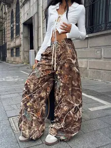 Women's Trendy Tree Pattern High Waist Wide Leg Drawstring Pants, Womenswear, Plant Print Straight Leg Trousers, Casual Campus Youth Travel High-End Vintage Style