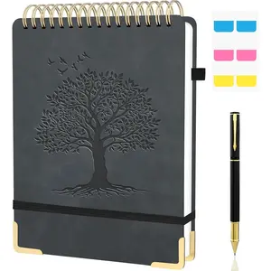 A4 Top Spiral Notebook, Tree  Large Leather Hardcover Left Handed Journal, 240 Pages 100 Gsm Lined Paper Top Bound Steno Pads for Work, School, Travel Writing - Black, 8.5" x 11"