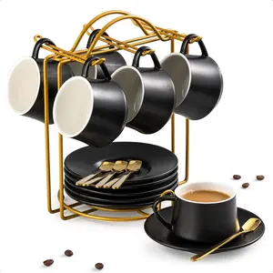 Ceramic Espresso Cups, 4 Oz Expresso Shots Cup with Stand, Saucers & Spoons, Small Coffee Espresso Cup Demitasse Cups, Black