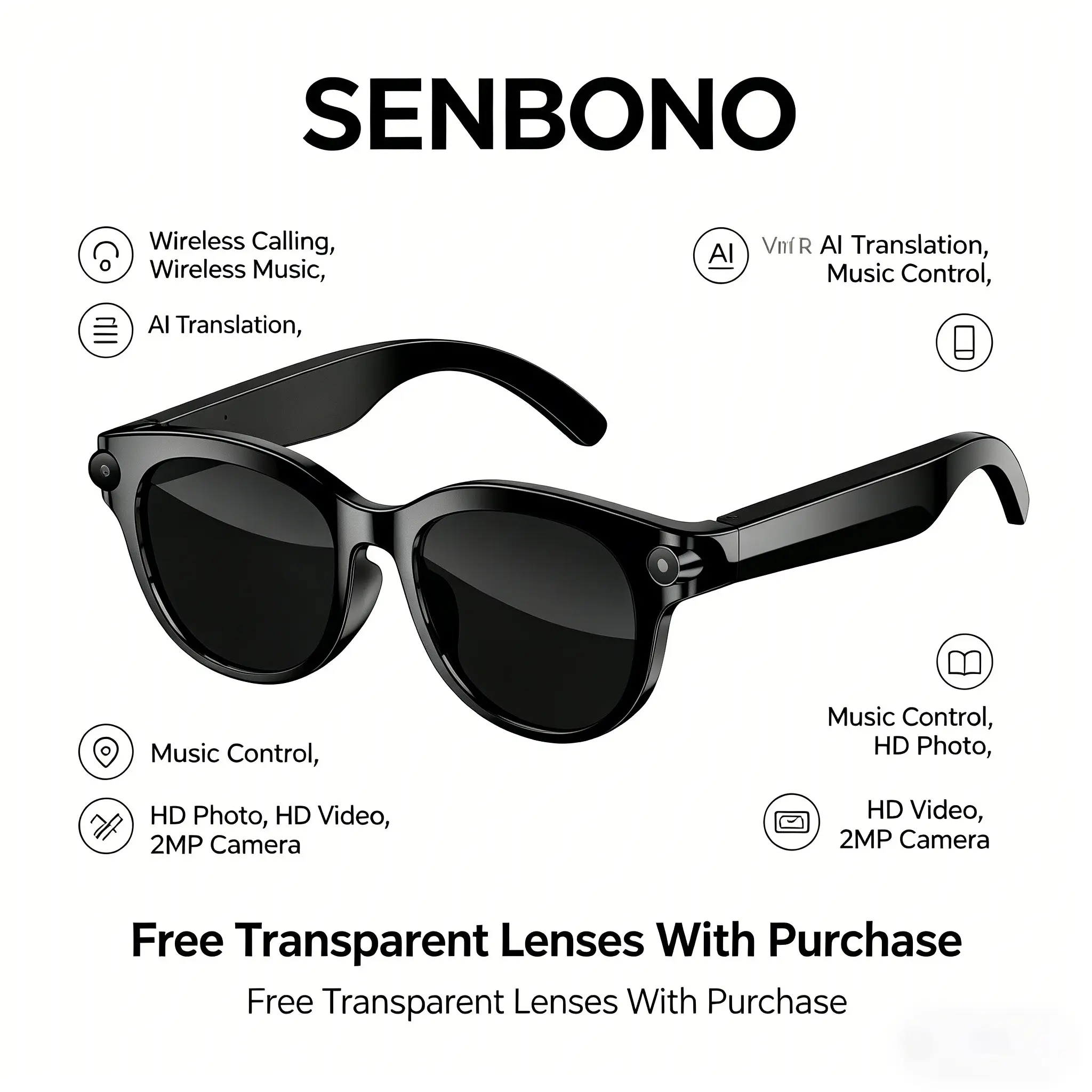 SENBONO 2-megapixel high-definition camera AI smart glasses, hands-free recording and translation function, wireless audio, sports glasses, men's and women's gifts, multifunctional technology product, with transparent lenses as gifts