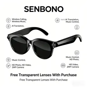 SENBONO 2-megapixel high-definition camera AI smart glasses, hands-free recording and real-time translation function, wireless audio, sports glasses, men's and women's gifts, multifunctional technology products, with transparent lenses as a gift