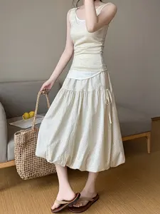 New Summer Women's Polka Dot Casual Chic A-Line Midi Skirt Elastic Waist Bud Skirt