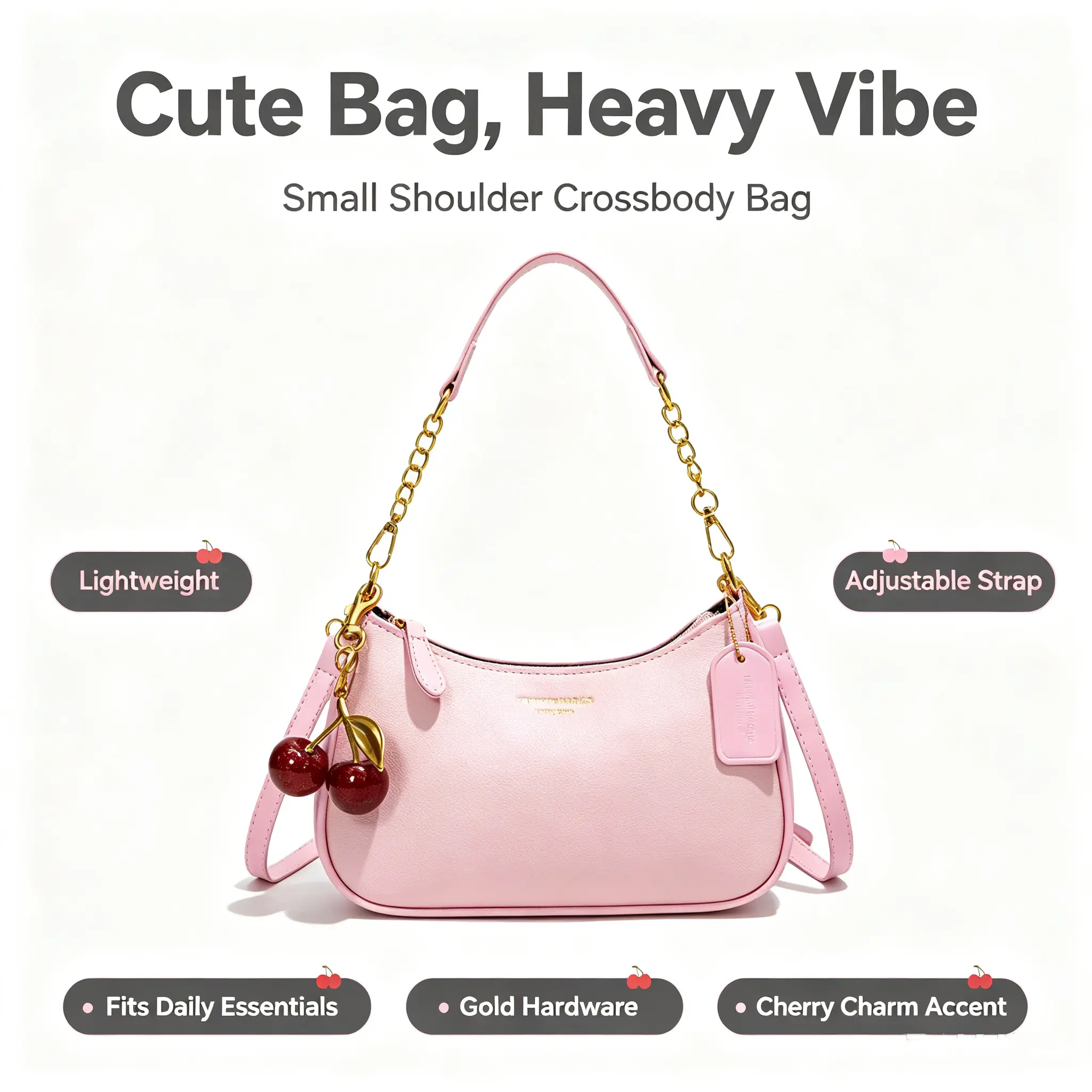 Women Pink Baguette Shoulder Bag with Cherry Keychain, Faux Leather Fashion Underarm Purse, Adjustable Strap Casual Crossbody Handbag for Daily Outfit