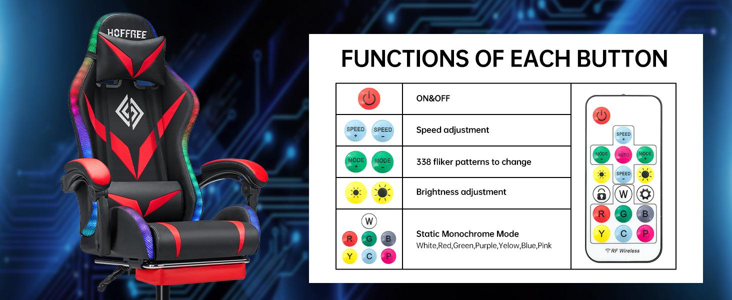 HOFFREE RGB Gaming Chair with Speakers and Massage Ergonomic Computer Chair with Lights and Footrest Reclining Video Game Chairs for Adults Red and Black