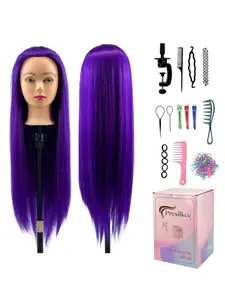 28 Inch Long Straight Hair Training Head with Table Clamp & Tools, Synthetic Hair Styling Head, Hairdressing Head for Braiding, Wig Mannequin