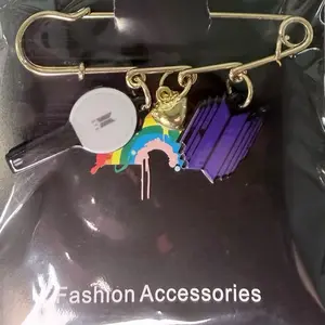 K-pop inspired Safety Pin Brooch with Light Stick Charm and Purple Charm