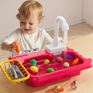 Fun role-play dishwashing toy—great for summer interactive water play, electric circulating running water pretend play cleaning set that includes a realistic faucet, simulated food items, and a complete kitchen utensil accessory set, an early learning edu