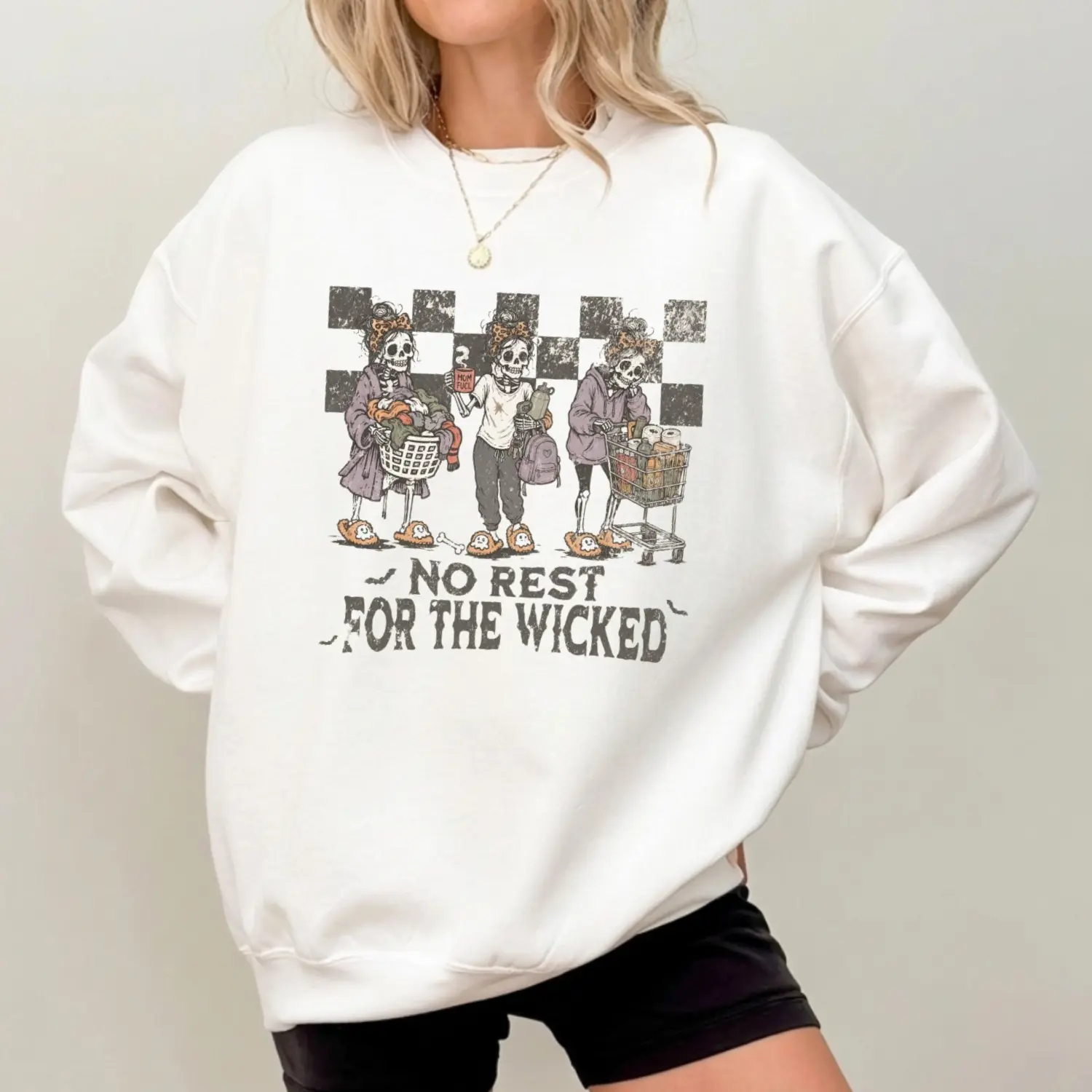 No Rest for the Wicked Sweatshirt, Funny Skeleton Mom Graphic Crewneck, Dark Humor Halloween Pullover, Spooky Mama Sweatshirt, Retro Gothic Fall Gift