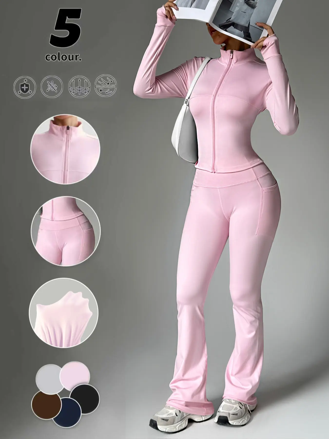 Women's Solid Color Zipper Jacket & Pocket Flare Pants Set, Athleisure Activewear Set, Yoga Clothes Set, Sportswear Set, Perfect for Yoga & Gym & Outdoor Use, Comfortable Breathable Outfit for Autumn Winter
