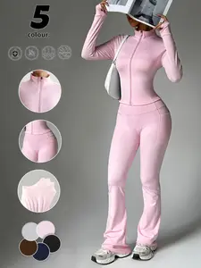 Women's Solid Color Zipper Jacket & Pocket Flare Pants Set, Athleisure Wear Set, Perfect for Yoga & Gym & Outdoor Use, Comfortable Breathable Outfit for Autumn Winter