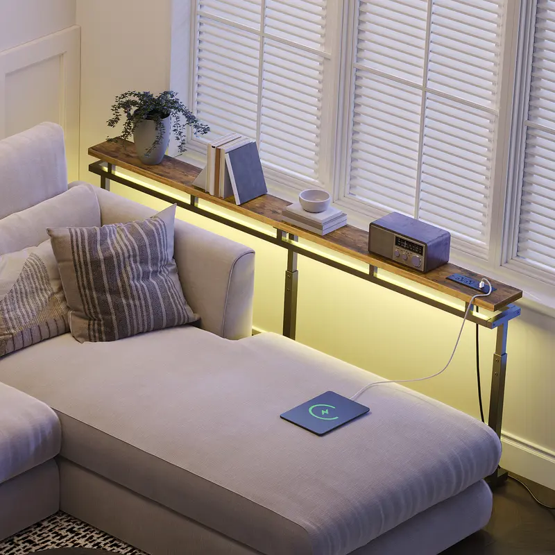 YATINEY 70.9" Rustic Brown LED Light Strip Behind Couch Table - Adjustable Height (27.6"-35.4"), 5.9" Wide Narrow Console Table with Rectangular Tabletop, 1 Type-C Port, 2 AC Outlets, Tip-Over Protection, 24in Support, Wall-Secure Fit for Entryways