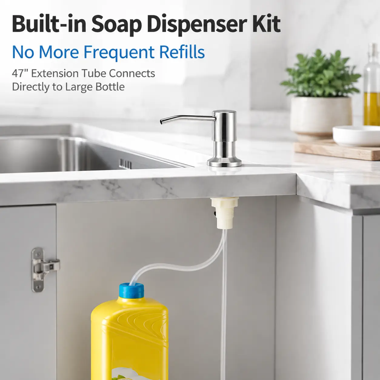 Brushed Nickel Stainless Steel Kitchen Sink Hand Soap Dispenser - Smooth Silicone Water Pump, 39in No-Spill Extension Tube Kit, Fits Wood Countertops, Compatible with Bottles/Containers, Reduces Refills