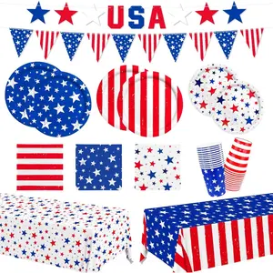 4th of July Party Supplies Set-Patriotic Theme Kit for Independence & Election Day Decorations. Includes Plates, Napkins, Cups, Banner, Tablecloth for 24 Guests