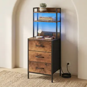 Modern Tall LED Nightstand With Charging Outlet USB Interface 3 PU Fabric Drawers Large Capacity Bedside Storage Table Multifunctional Side Table Home Office Practical Furniture