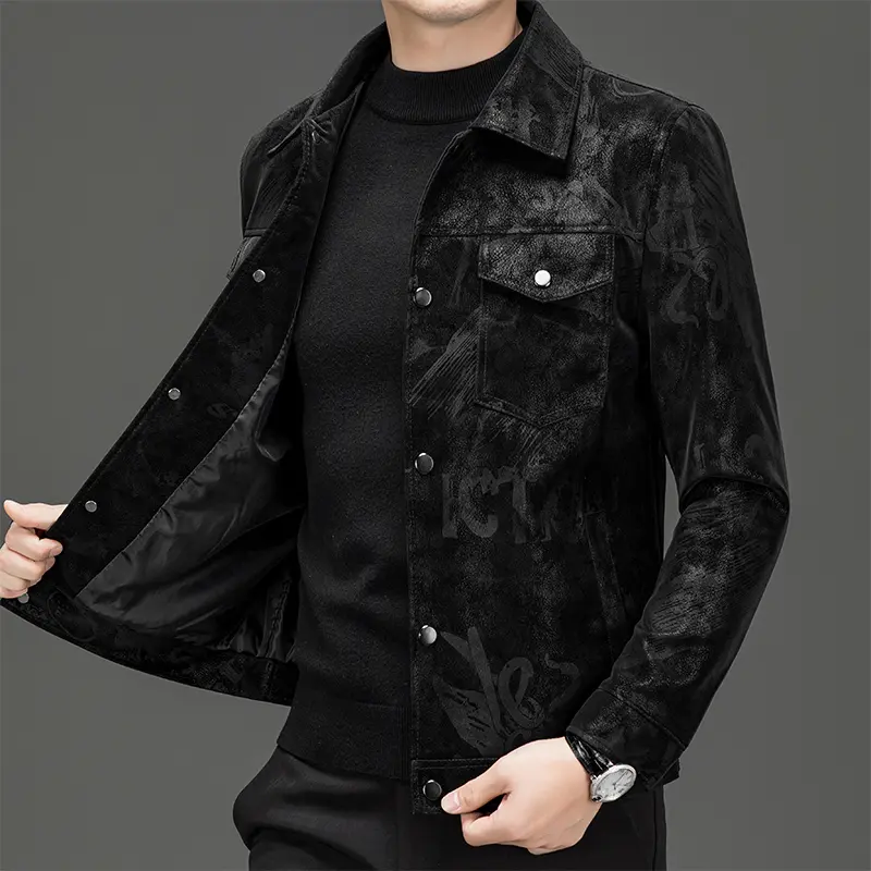 Men's Chic Lapel Faux Leather Jacket - Casual Printed Pattern, Single-Breasted Style for Autumn Menswear Tops