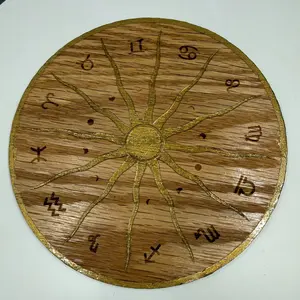 Golden Zodiac Sun Crystal Grid Made-to-Order Oak Altar Board with Engraved Astrological Symbols