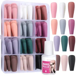 Matte Press On Nails Long Coffin, 12 Color 240PCS Full Cover Long Ballerina Fake Nails, Acrylic False Nail Tips with 10g Nail Glue, 12 Solid Color False Nail for Women Girls Nail Art DIY gel  x  guide