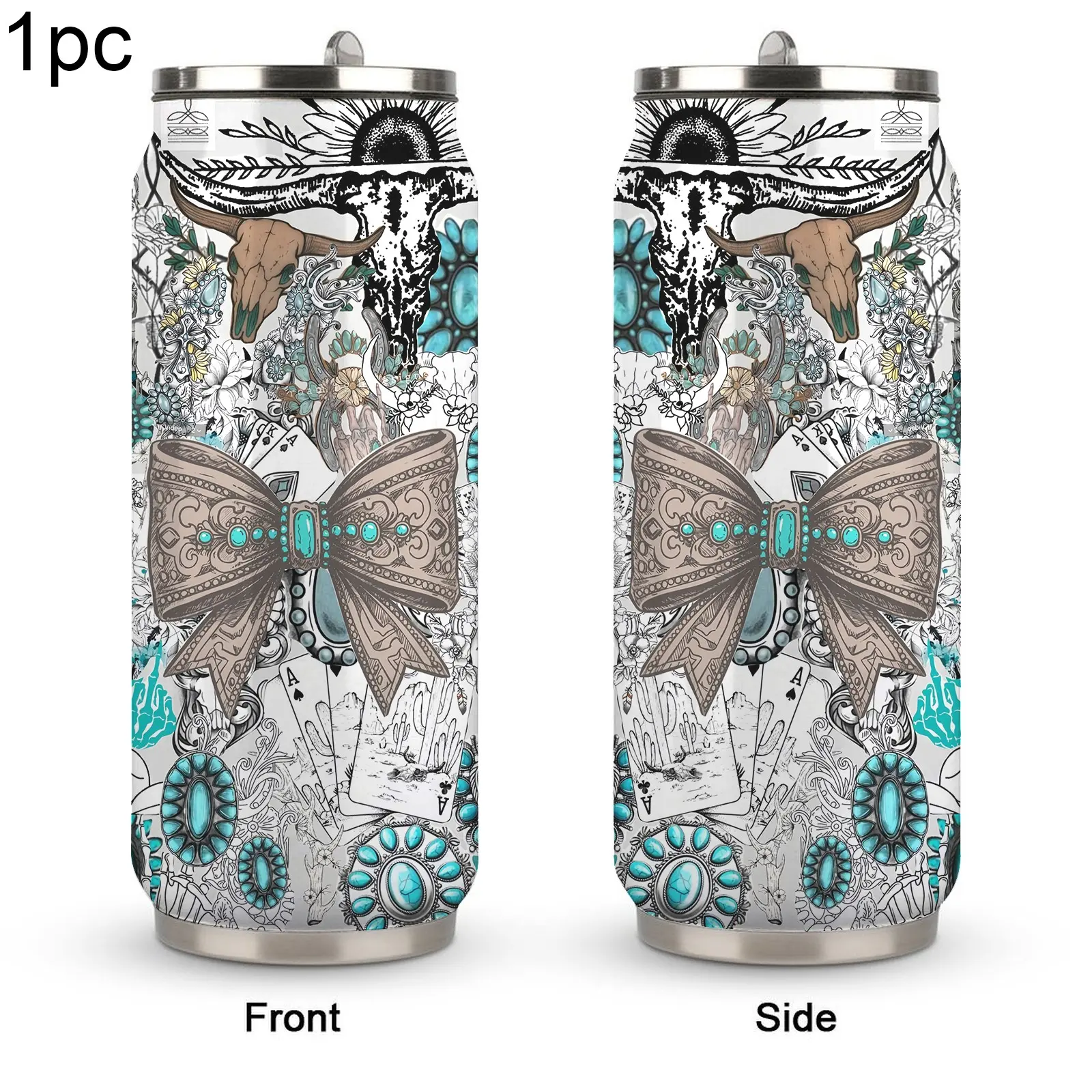 1pc 17oz Western Turquoise Insulated Tumbler with Straw, Insulated Coffee Tumbler, Stainless Steel Travel Mug, Insulated Drinkware, Boho Cow Skull & Bow Print, Double Wall Thermal Cup, Leakproof Lid, Gift for Country & Western Style Lovers