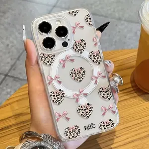 Leopard Heart & Pink Bow Magnetic Phone Case | MagSafe Wireless Charging for iPhone 11 12 13 14 15 16 Pro Max/Plus/Pro Casing Durable Shockproof