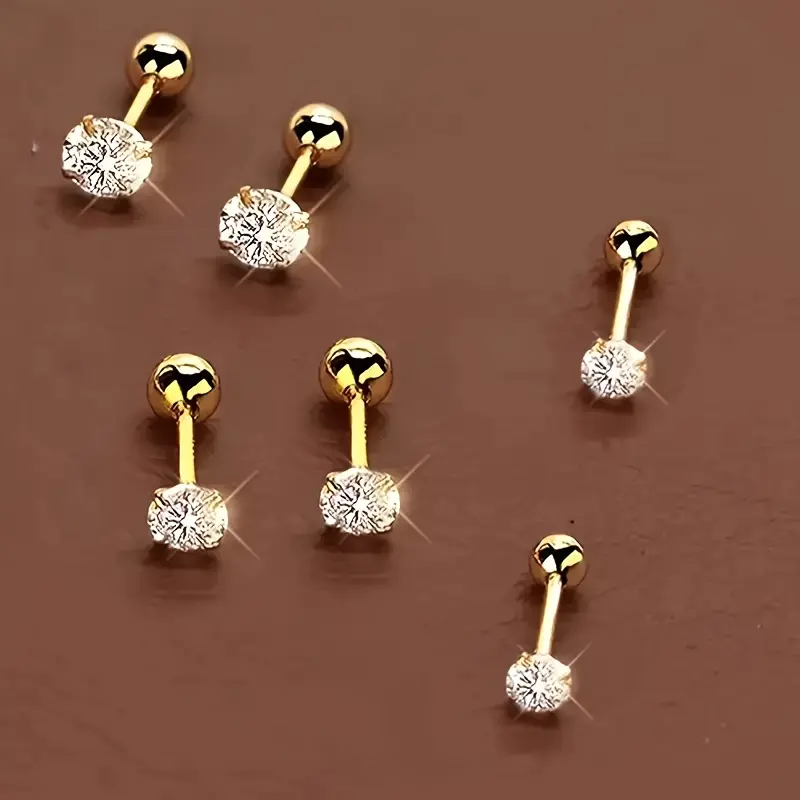 Men's Anti-Allergic Cartilage Piercing Earrings, 3 Pairs Stainless Steel Synthetic Cubic Zirconia Elegant Compact Jewelry, Suitable for Christmas Gifts