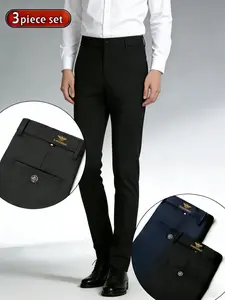 3-Pack Men's Business Dress Pants Set, Plain, Menswear, High Stretch Wrinkle-Resistant No-Iron, Slim Fit, Breathable, All-Season, Versatile for Work & Daily Wear