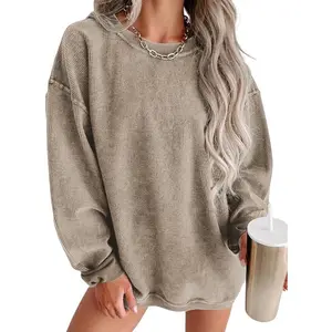 Women Casual Oversized Long Sleeve Crewneck Sweatshirts Pullover Tops, S-XXL Comfy Womenswear Corduroy Hoodie Bridal Basic Black Minimalist Winter
