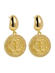 1 Pair Of 18K Gold-Plated Matte Double C Round Earrings, Coin Pendant Water Droplet Earrings With Cubic Zirconia Frame, Elegant Daily Wear Copper Jewelry Ideal Gift For Her