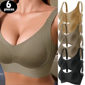 6-Pack Women's Seamless Wireless Push Up BrasSolid Ribbed Design Adjustable Wide Straps SoftBreathable Lightweight All Seasons EverydayLingerie Ideal Gift for Her Smooth Style Smooth Style