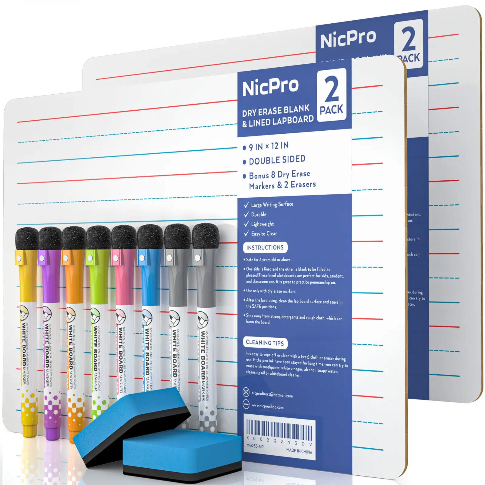 Nicpro 2-Pack 9x12 in Ruled Double-Sided Dry Erase Lap Boards, Portable Mini Whiteboards with 8 Pens, 2 Erasers, Visual Learning Materials & School Supplies for Students