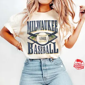 [Sale up to 50%] [Free Ship] ưMilwaukee Baseball T-Shirt, Vintage Washed Tee, Game Day Oversized Graphic Tees