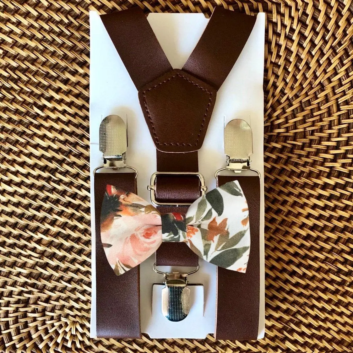 Ivory Terracotta Floral Bow Tie & Dark Brown Vegan Leather Suspenders Set
