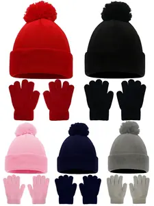 Winter Knitted Hat Gloves Set (3-Piece), Cute Plain and Fingerless Gloves, New Kids Warm Accessories Christmas Gift 3-8y, Soft Lightweight Beanie