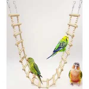 Natural Wood Bird Cage Ladder Bridge 20-Step Climbing Play Toy Swing Accessory for Lovebirds Canaries Conures