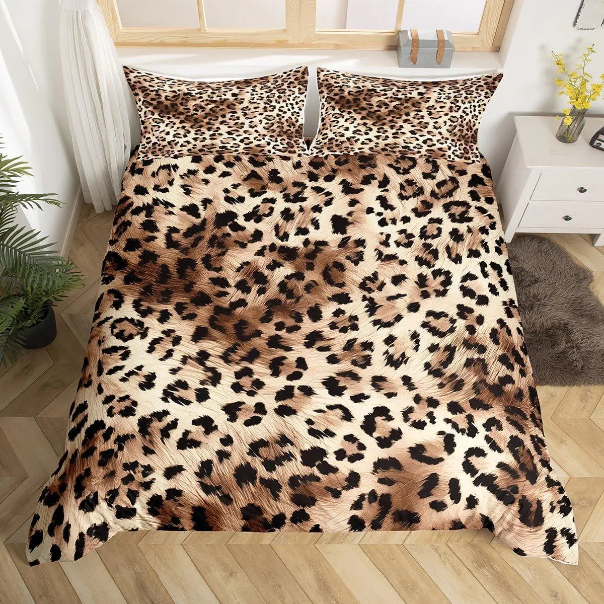 Leopard Print Duvet Cover Cheetah Bedding Set for Kids Girls Boys Safari Wild Animal Jungle Ombre Cowhide Fur Comforter Cover Beige Brown Warm Soft Bedclothes