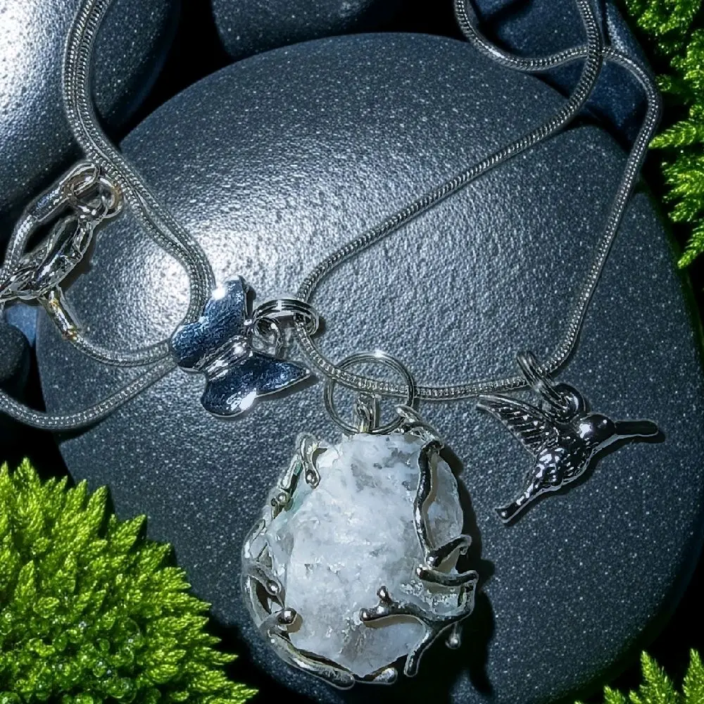Blue Gray Chalcedony Agate Pendant Necklace with Charms