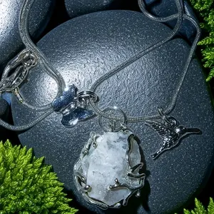 Blue Gray Chalcedony Agate Pendant Necklace with Charms