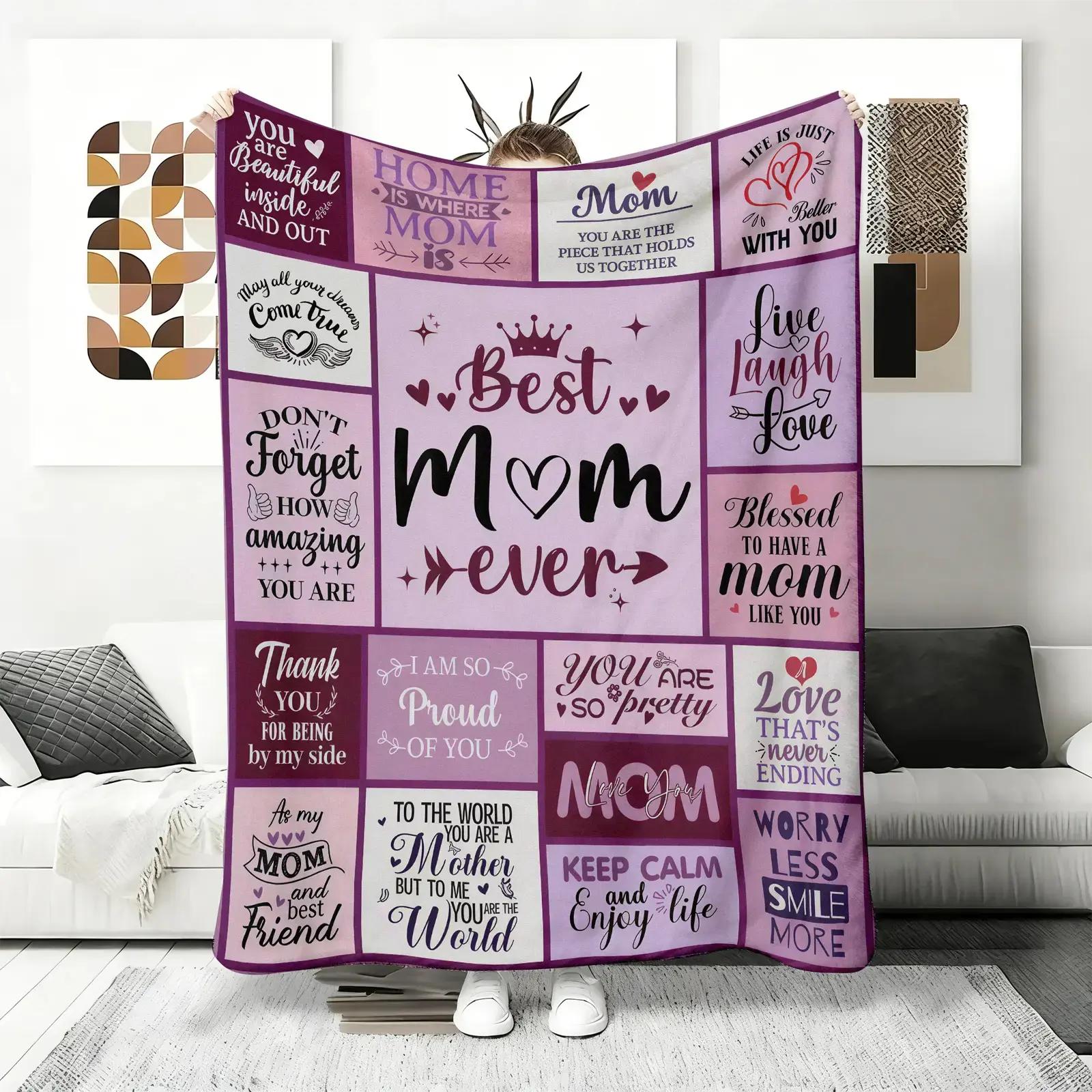 'Best Mom Ever’ Patchwork Print Flannel Blanket, Heartwarming Gift for Mother, Super Soft 100% Polyester Fleece Throw, Thank You Gift from Daughter Son for Mother’s Day Halloweeny, bedding,plush blankets,mellow blanket