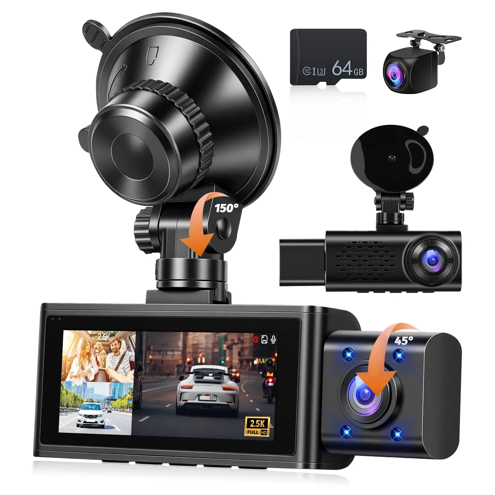 Podofo Quad HD 2.5 Kilopixel 3-Channel 360° View Dashcam, 3.16'' Front-Rear-Inside Car Camera with WiFi, APP, GPS, 64GB Card, Night Vision, Loop Recording, G-Sensor, 24H Parking Guard, Suction Cup Mount fathersdaygift, Car Accessories, Accessories For Car