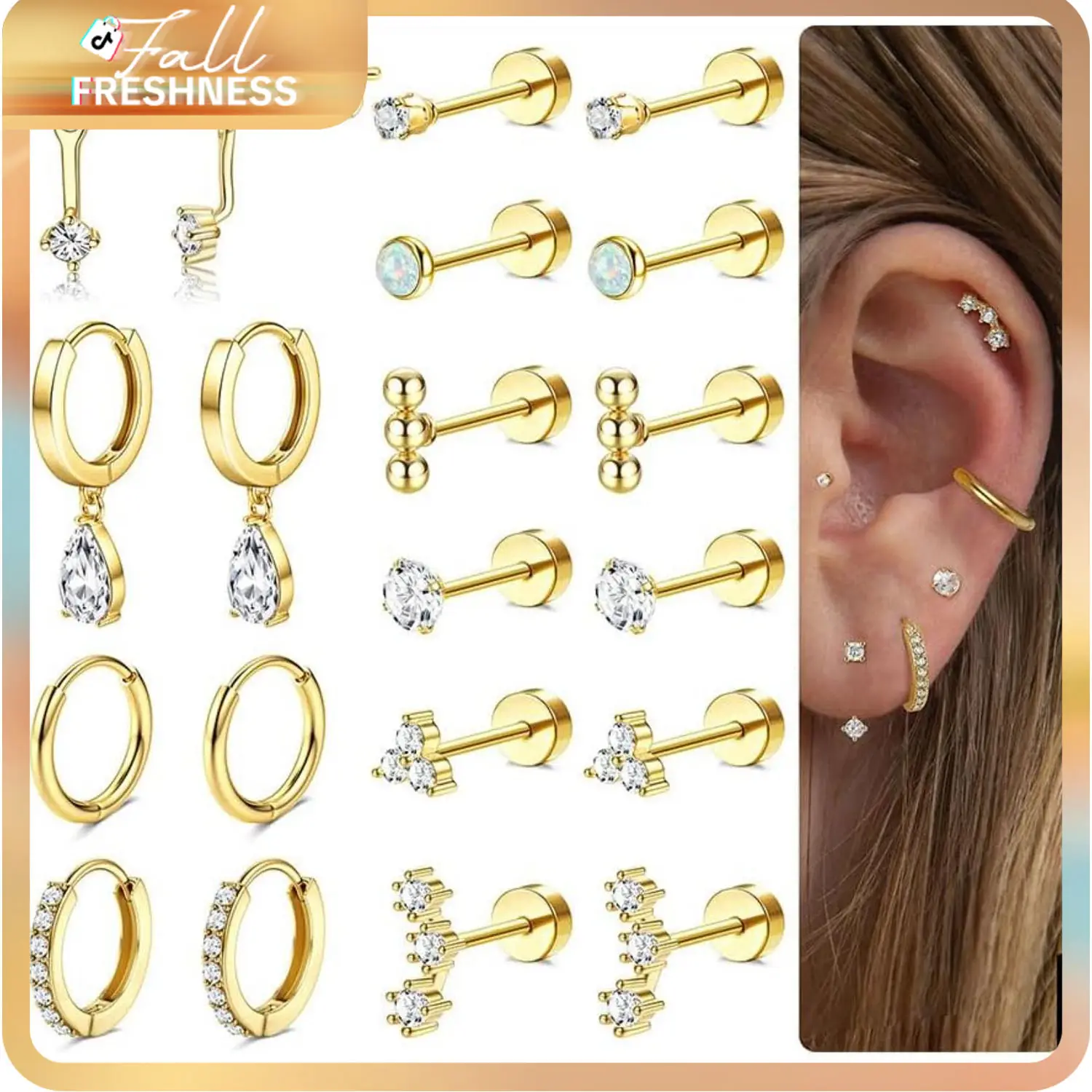 MILACOLATO Hypoallergenic Flat Back Earrings Gold Cartilage Earring Sets for Multiple Piercing 20G Surgical Stainless Steel Earrings for Women Trendy