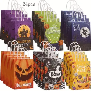 24 Halloween Witch Gift Bags with Handles, Paper Packaging for Party Decorations, Candy Treats, Pumpkin, Skull Designs, Party Favors Assortment, Goody Bags, Goodie Bags