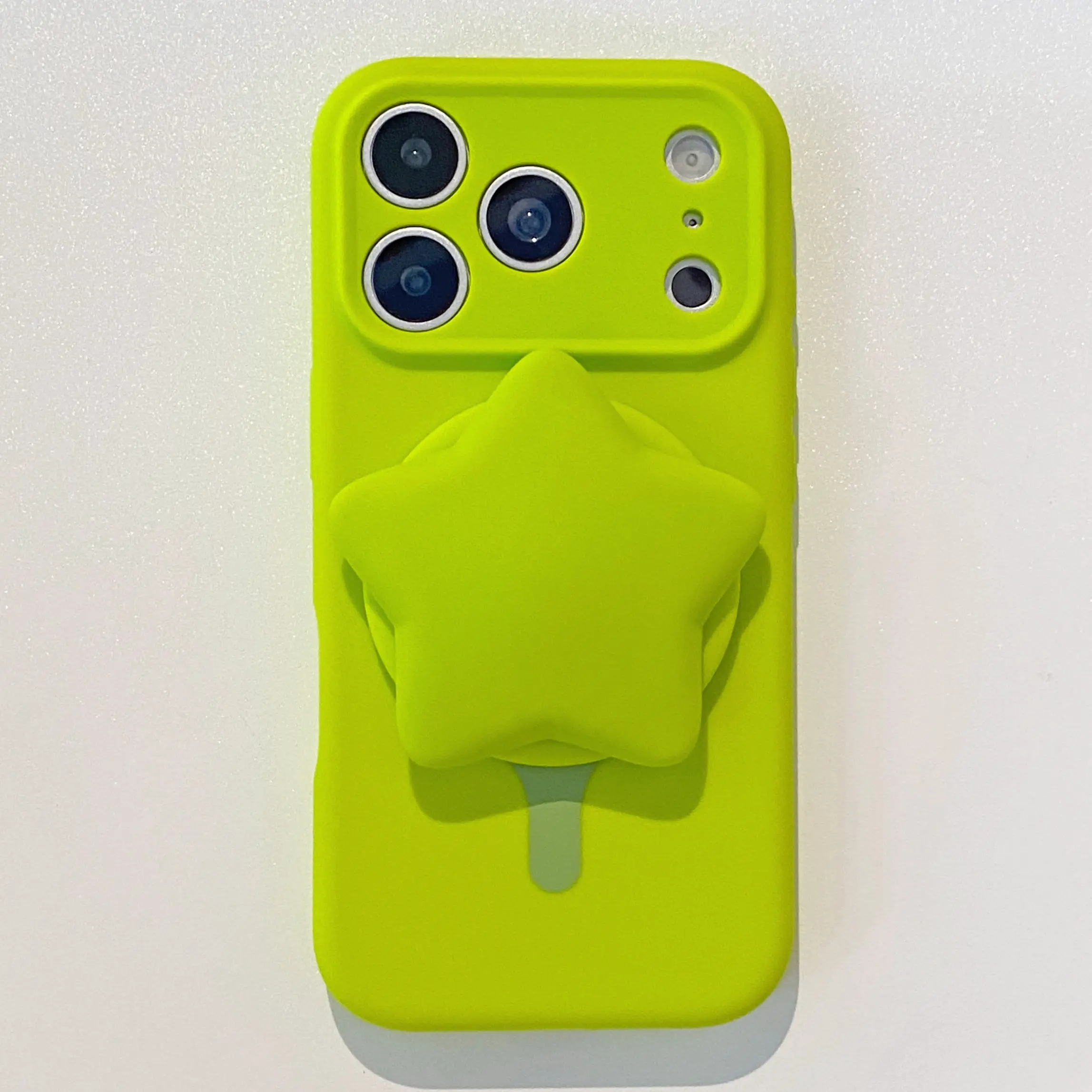 Fluorescent Green Silicone Phone Case With 3D Star Shape Grip Stand For iPhone 17