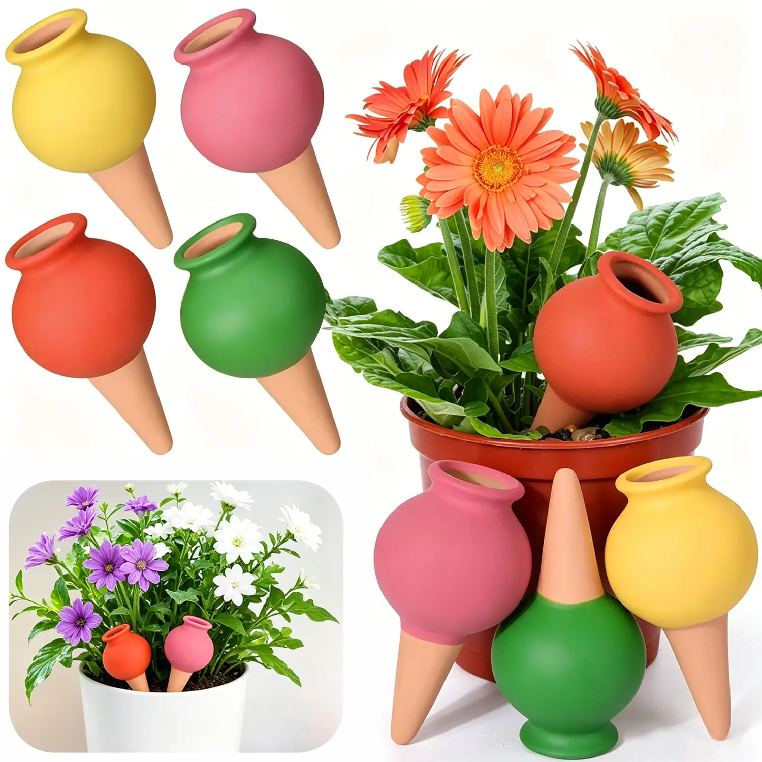 4-Pack Colorful Ceramic Self-Watering Spikes, Automatic Slow-Drip Watering Globes, Hands-Free Waterer for Flowers, Roses, Indoor Houseplants & Potted Plants When Away