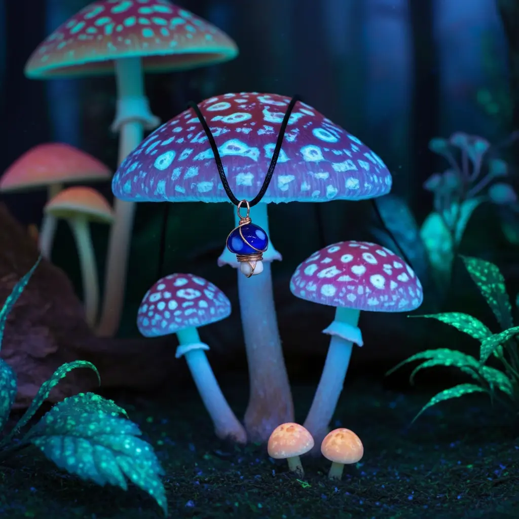 Mushroom Necklace - Wire Wrapped Pendant - Blue